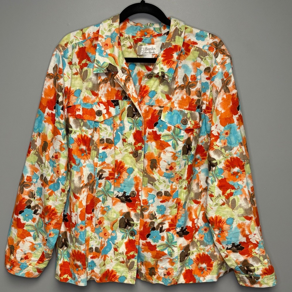 Maximalist Colorful Floral Linen Blend Relaxed Fit Button-Up Shacket Plus Sz 2X